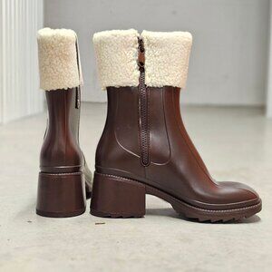 Brown Faux Leather Block Heel Boots With Shearling Cuff & Side Zipper Closure